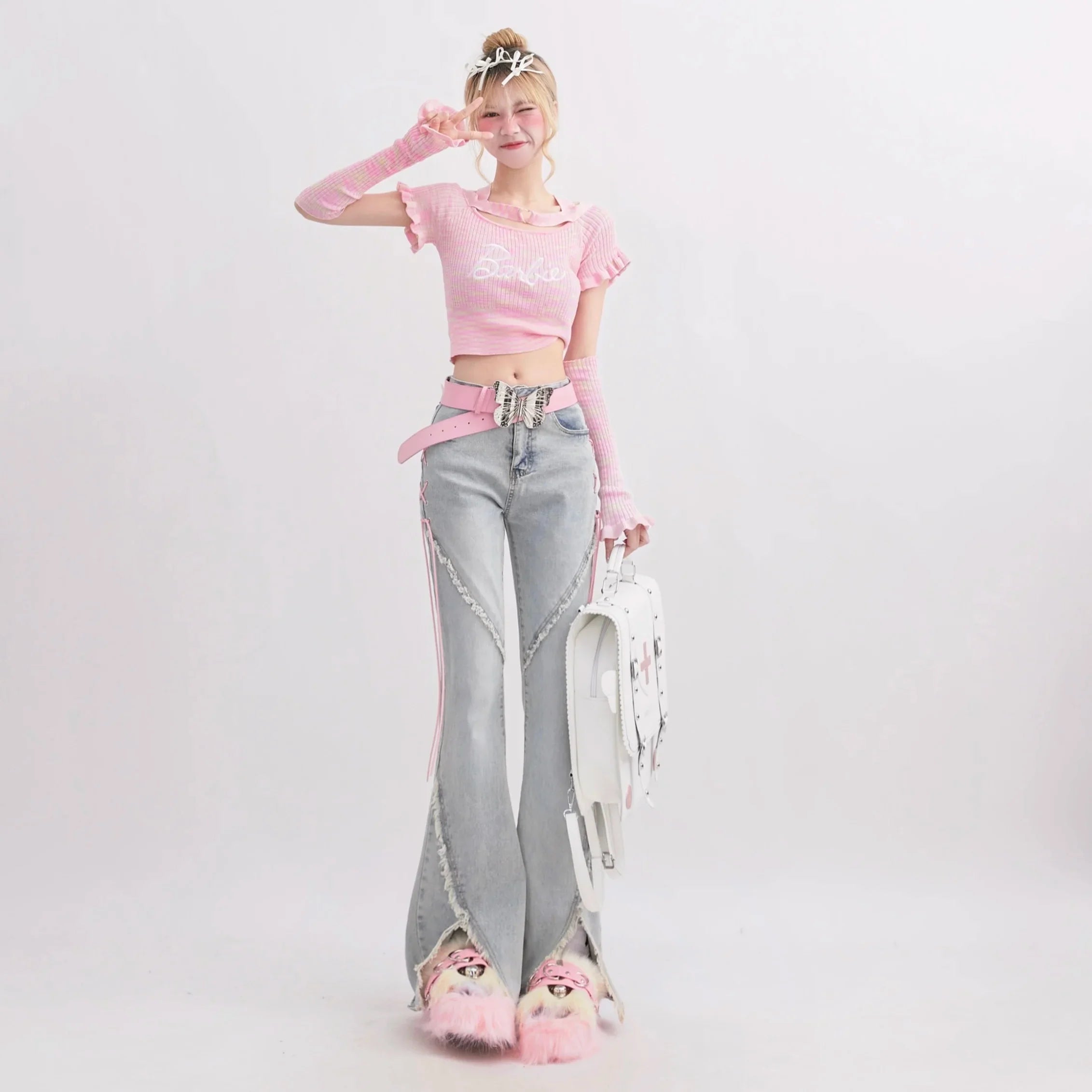 High Waist Bell Bottom Laced Jeans