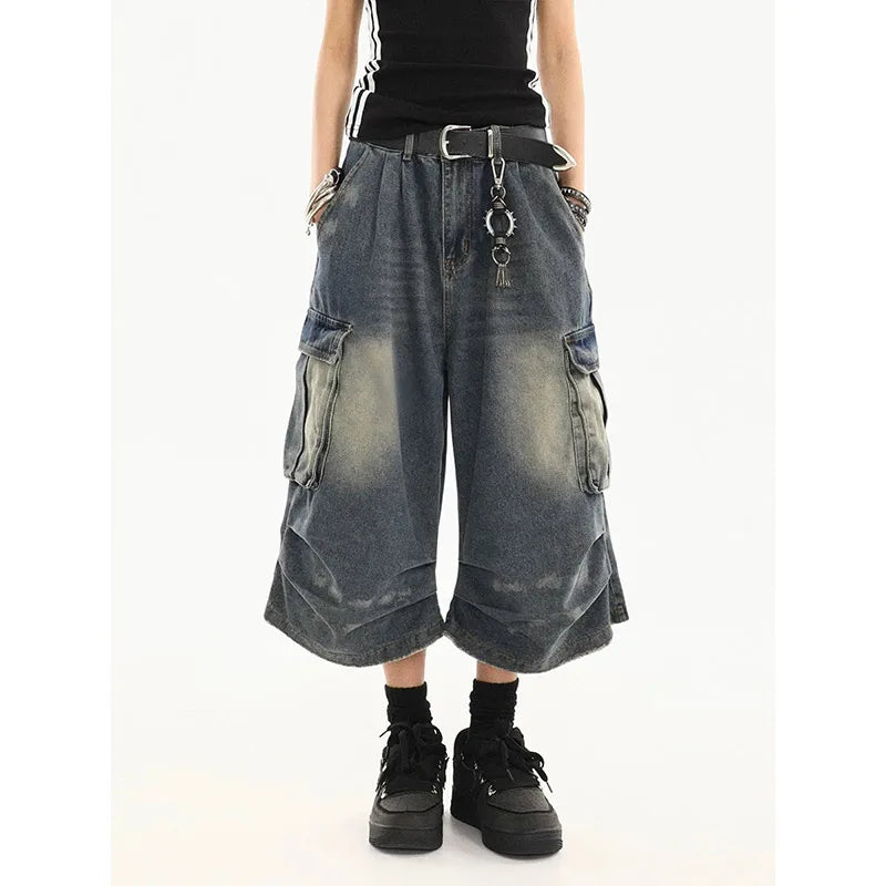Vintage Washed Denim Cargo Shorts