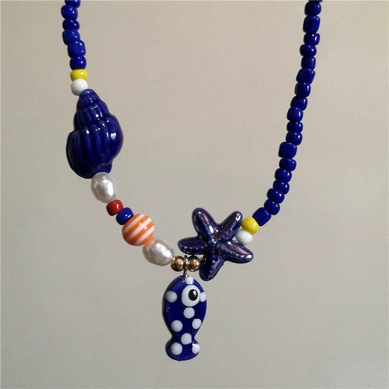Ceramic Fish Starfish Shell Combo Necklace