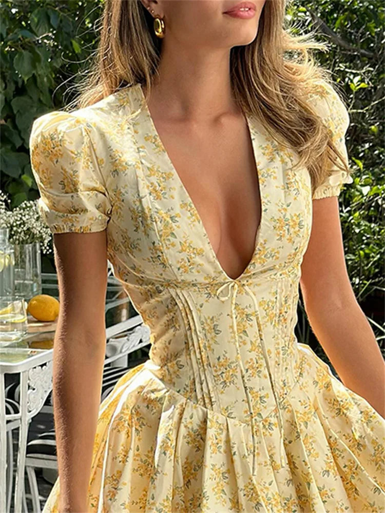 Yellow Summer Short sleeved V-neck Dress