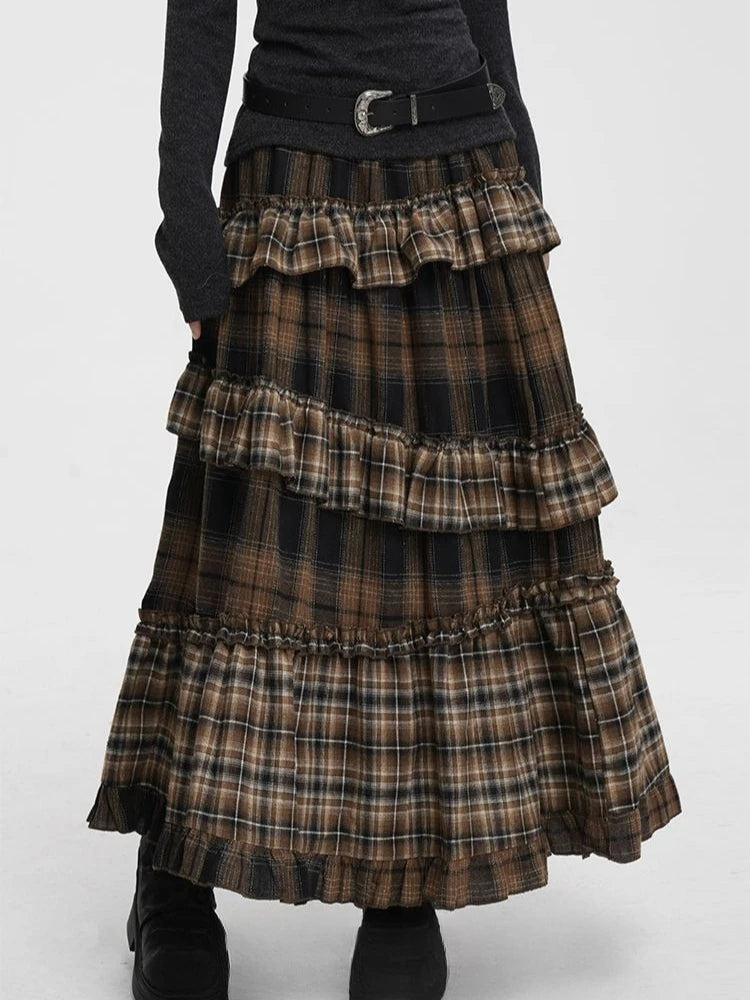 Vintage Long Plaid Ruffle Skirt