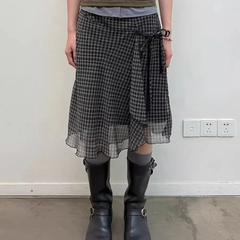 Japanese Asymmetrical Plaid Mesh Mid Skirt