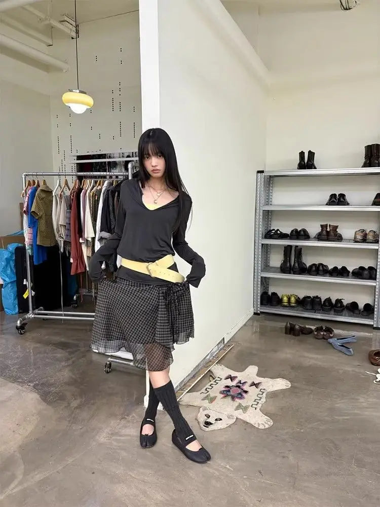 Japanese Asymmetrical Plaid Mesh Mid Skirt