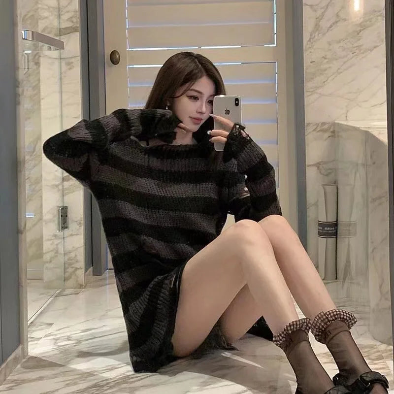Unisex Distressed Striped Sweater