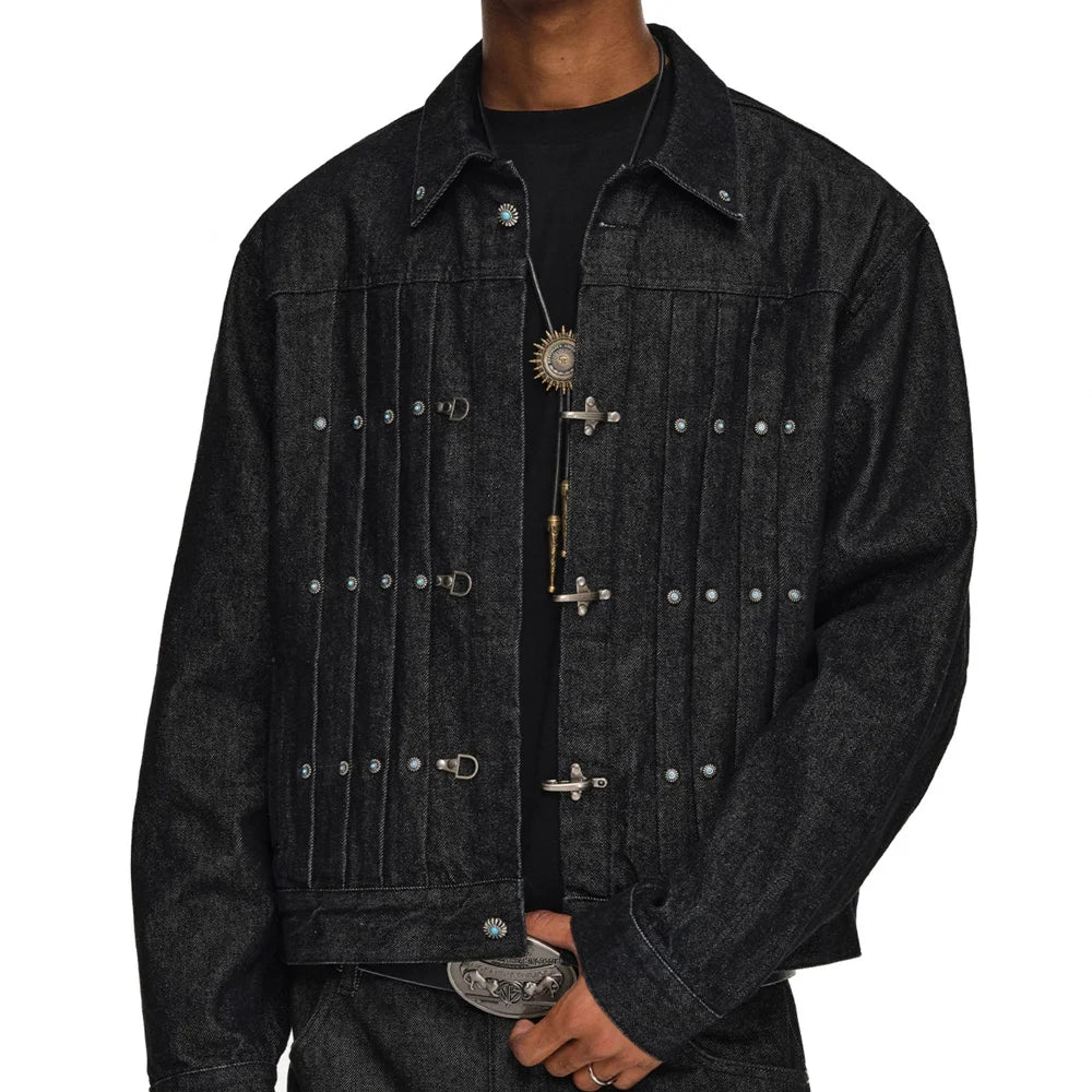 Pleated Airplane Buckle Denim Jacket