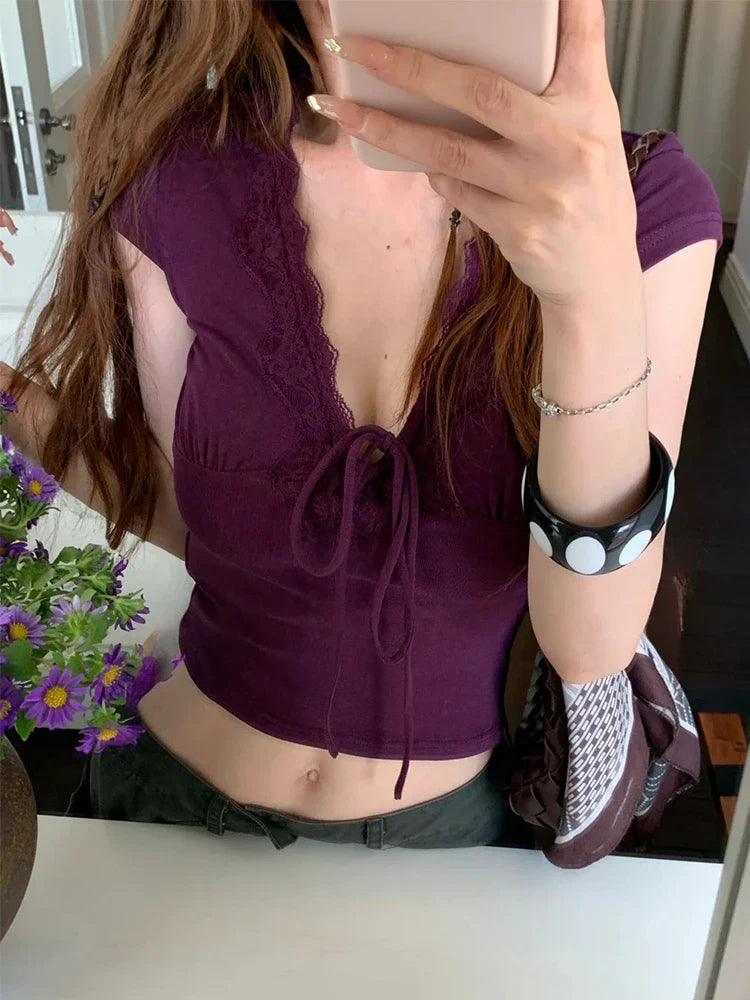 Short Sleeve Lace Crop Top