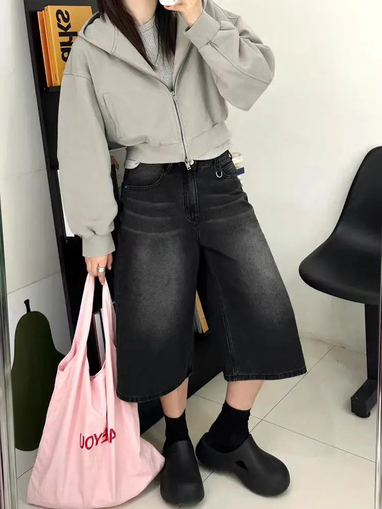 High Waist Long Baggy Denim Shorts