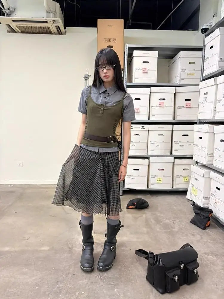 Japanese Asymmetrical Plaid Mesh Mid Skirt