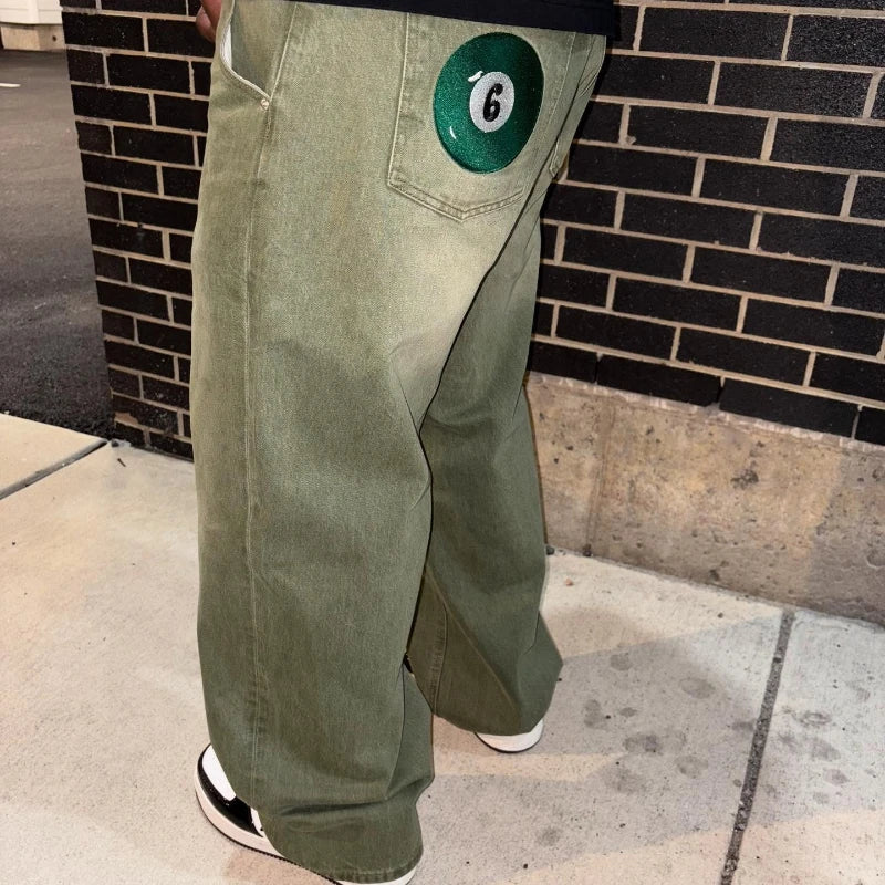 Matcha Dyed 6 Ball Embroidered Baggy Jeans