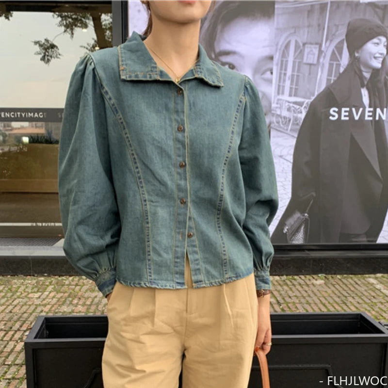 Denim Single-Breasted Button Balloon Sleeve Shirt