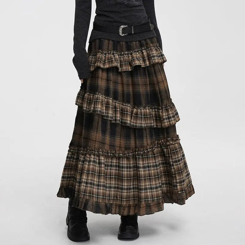 Vintage Long Plaid Ruffle Skirt