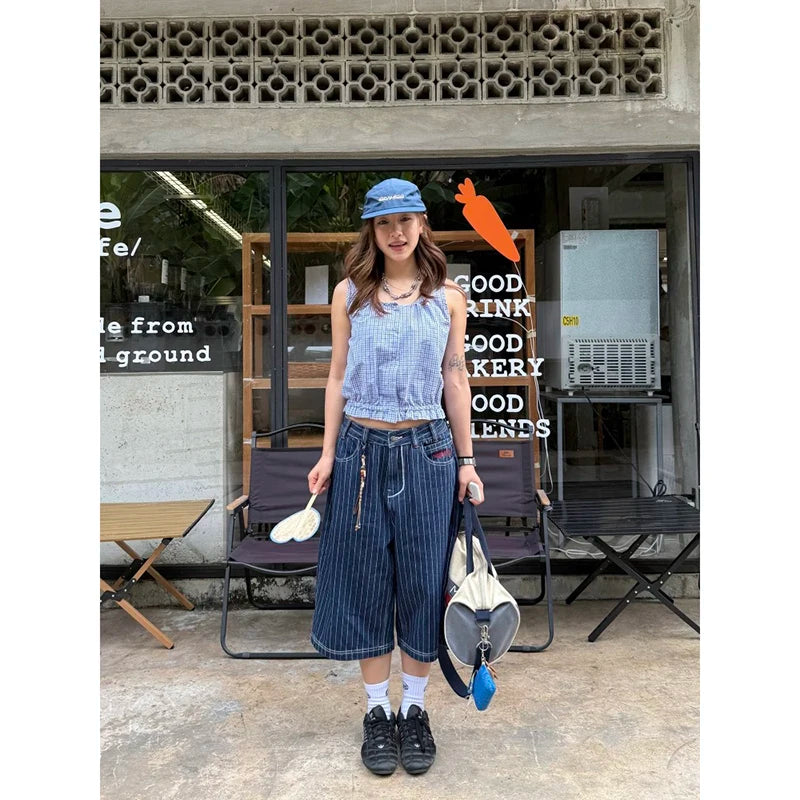 JPY Pin Striped Calf Length Denim Shorts