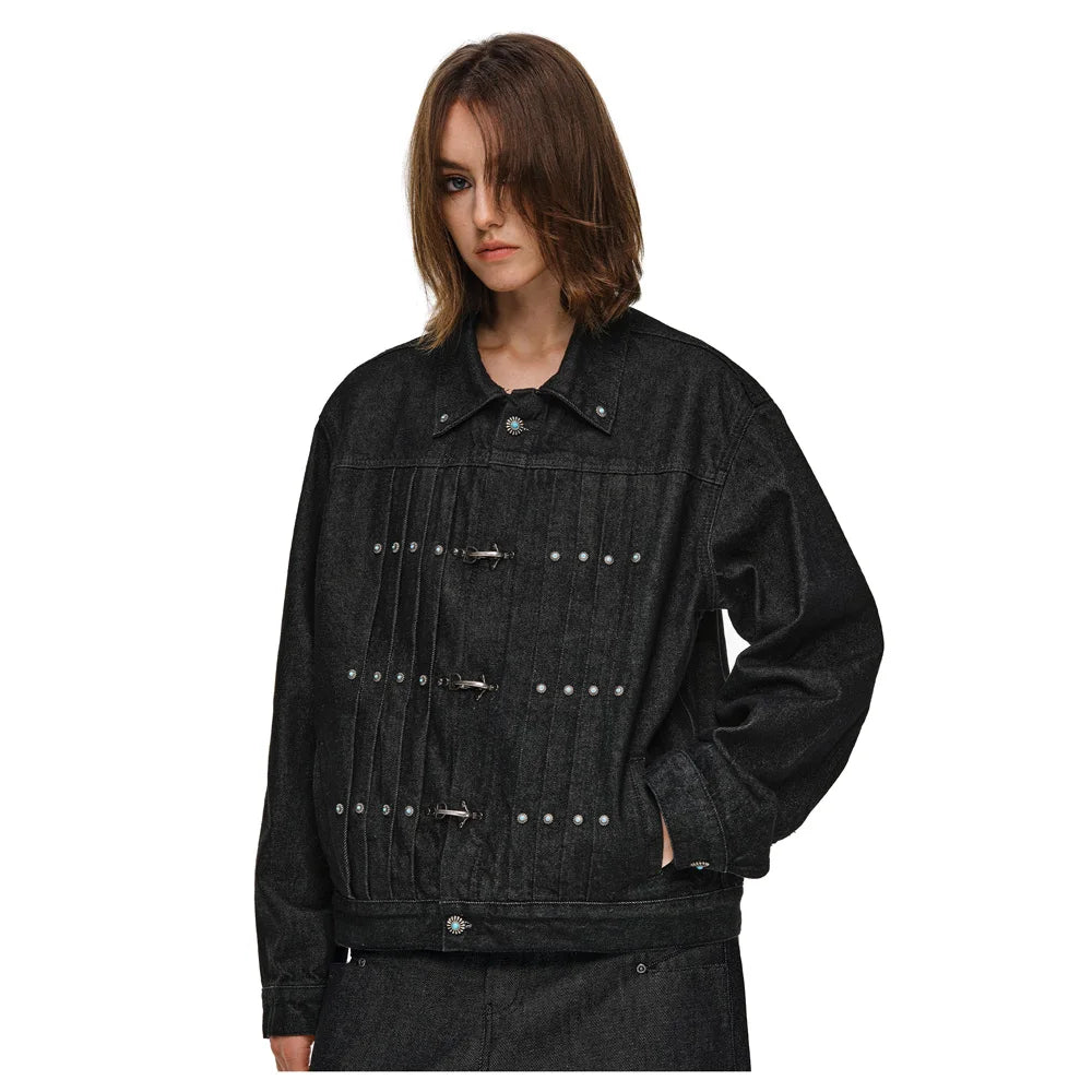 Pleated Airplane Buckle Denim Jacket