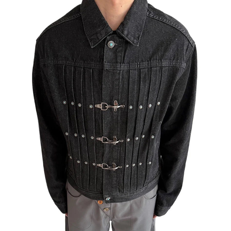 Pleated Airplane Buckle Denim Jacket
