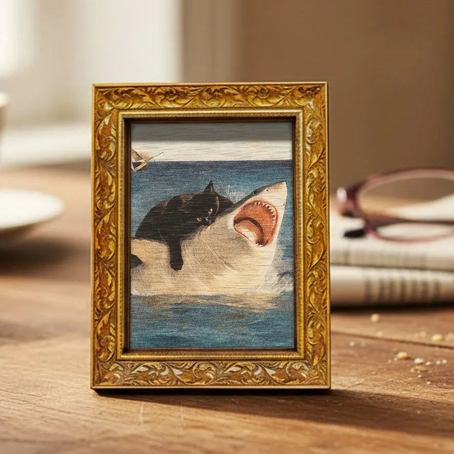 Cat Attacking Shark Art Fridge Magnet