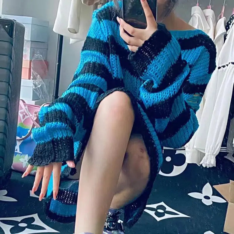 Unisex Distressed Striped Sweater