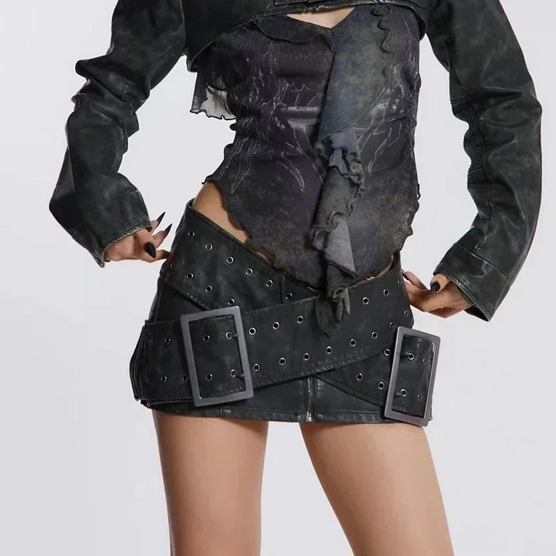 High Waist Slim Fit A-line Buckle Mini Skirt