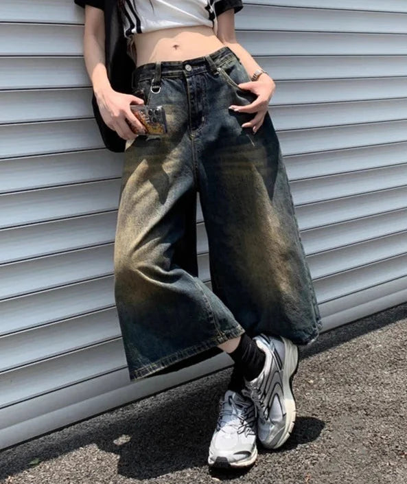 High Waist Long Baggy Denim Shorts