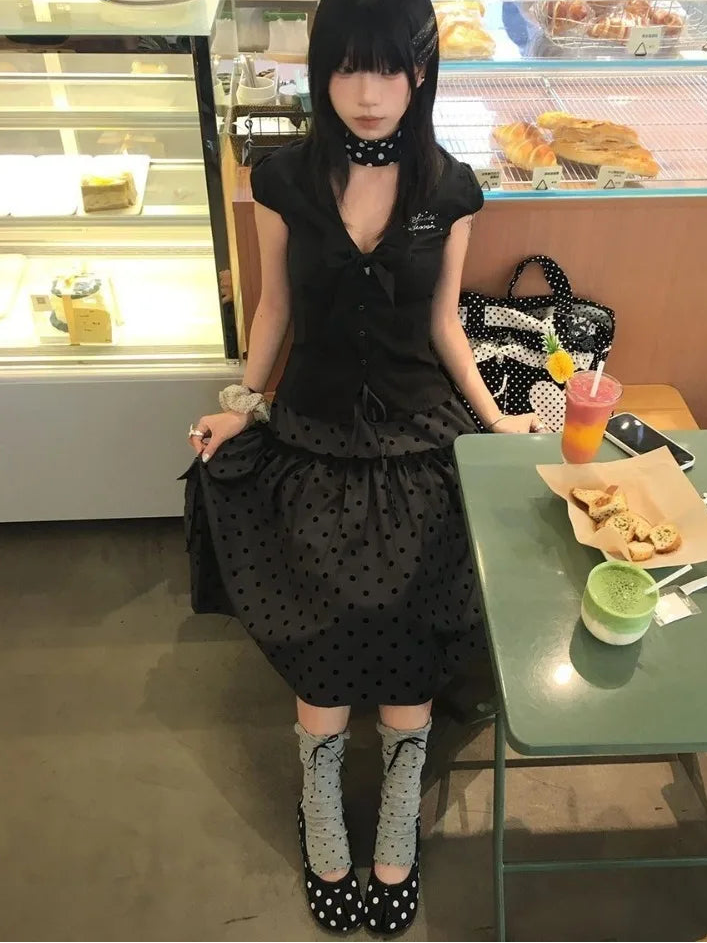 High Waist Polka Dot Patchwork Lace Skirt