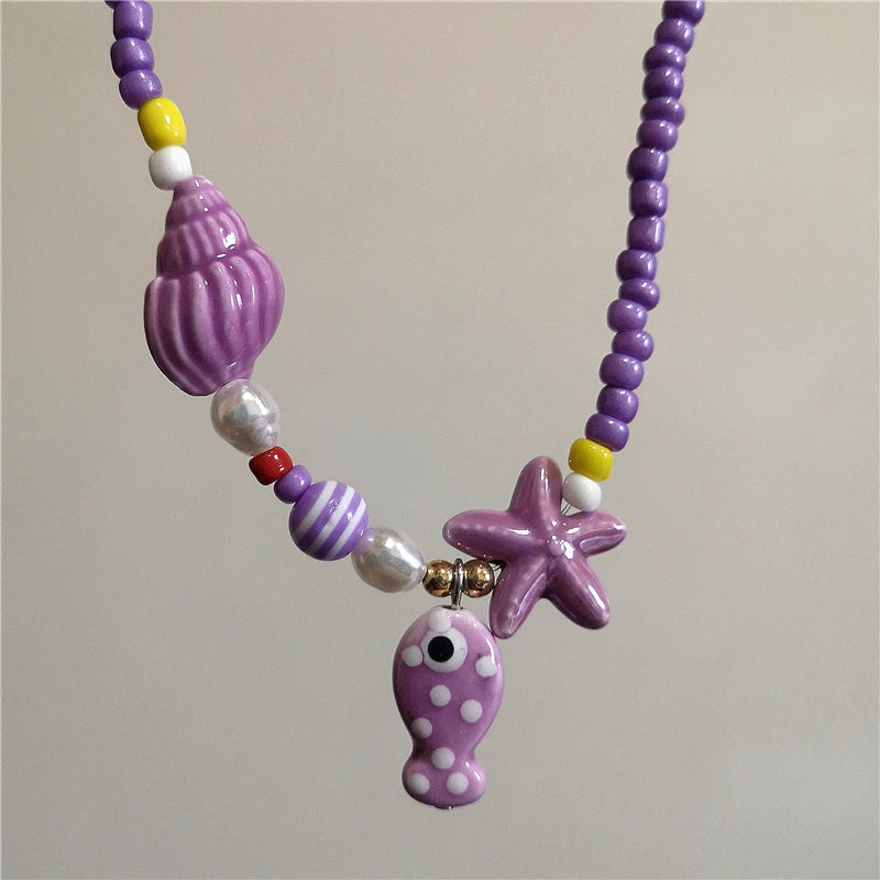 Ceramic Fish Starfish Shell Combo Necklace