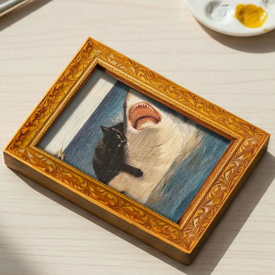 Cat Attacking Shark Art Fridge Magnet