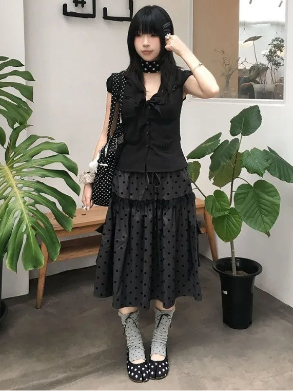 High Waist Polka Dot Patchwork Lace Skirt