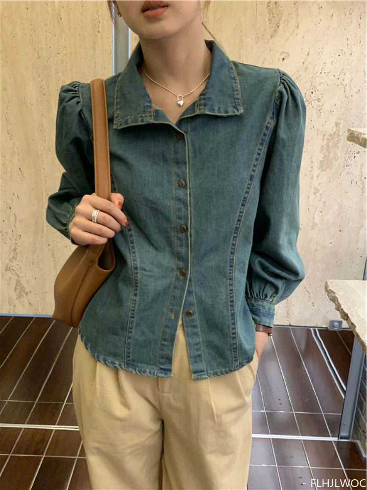 Denim Single-Breasted Button Balloon Sleeve Shirt
