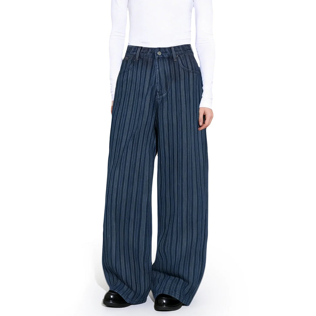 Japanese Style Wavy Stripe Jacquard Fabric Baggy Wide-leg Jeans