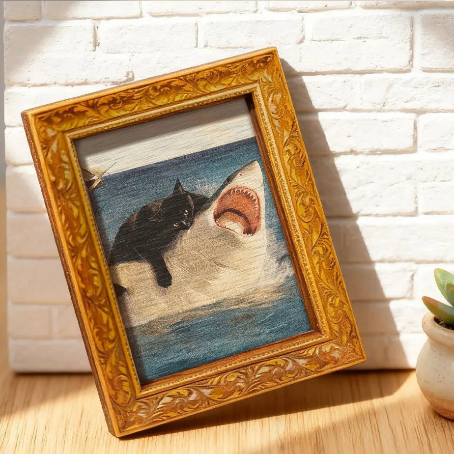 Cat Attacking Shark Art Fridge Magnet