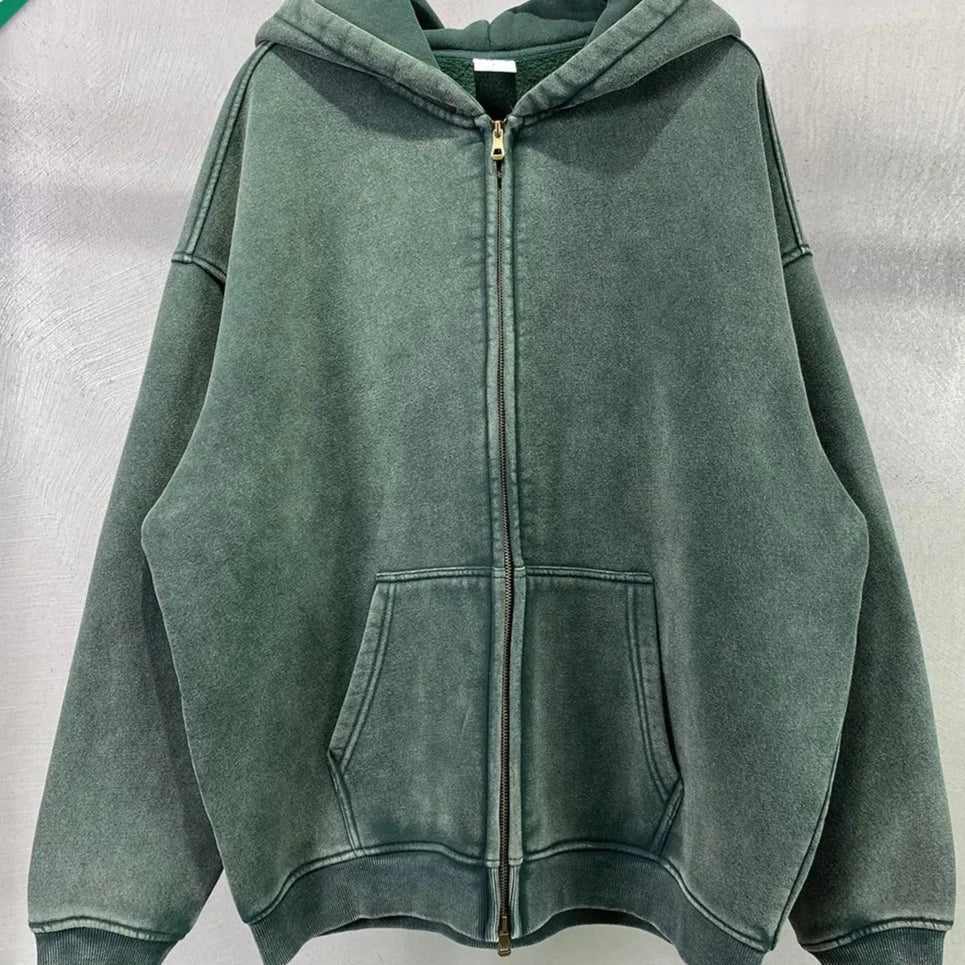 Acid Wash Thick Cotton Zip Up Hoodie