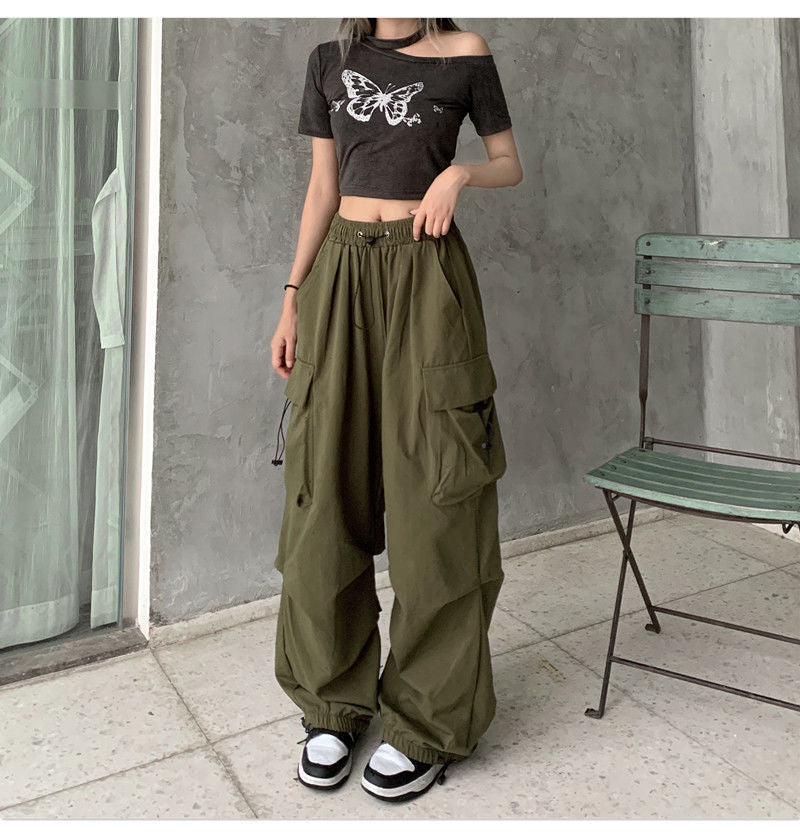 Drawstring Wide Leg Parachute Pants