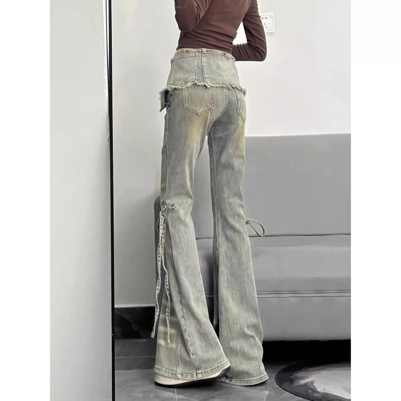 Low Waisted Flare Denim Pant With Skirt