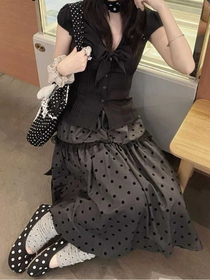 High Waist Polka Dot Patchwork Lace Skirt