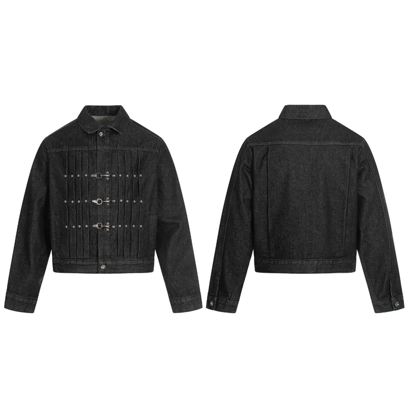 Pleated Airplane Buckle Denim Jacket