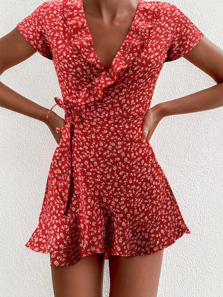 Floral Ruffles V-neck Mini Dress