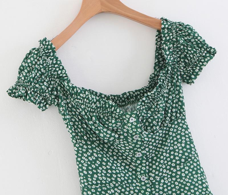 Buttoned Floral Mini Dress With Ruffled Shoulders