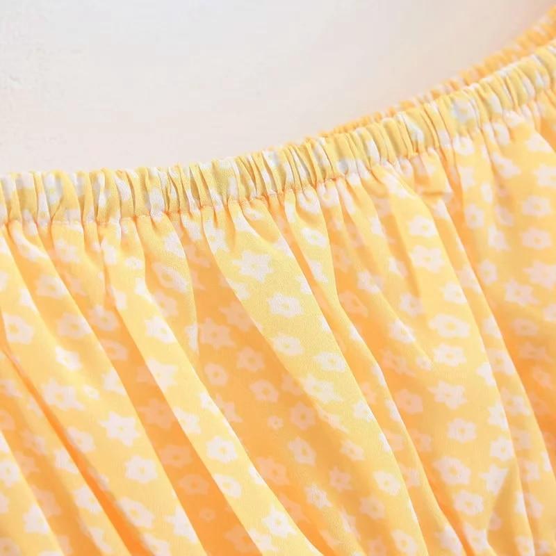 Yellow Floral Mini Dress With Puff Shoulder