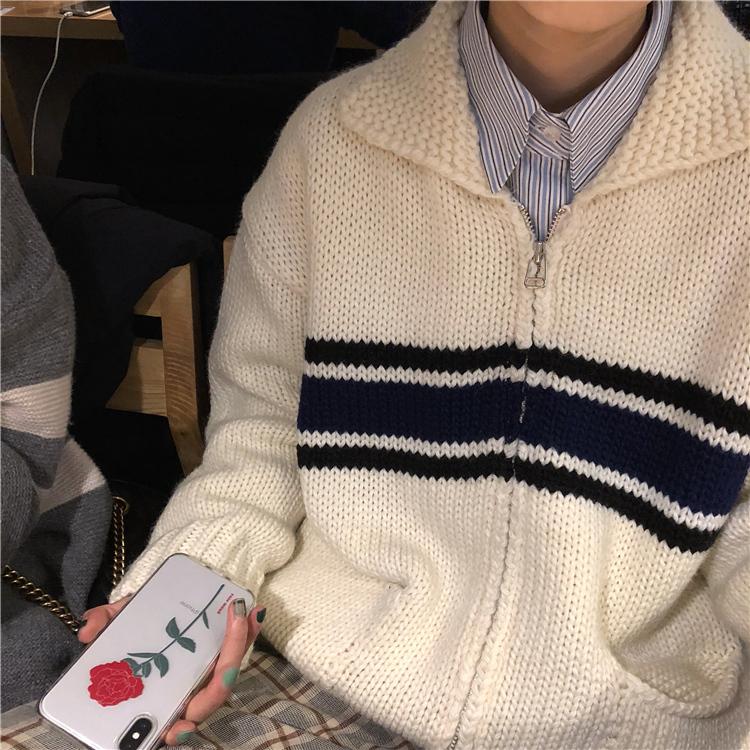 Thick Fiber Knitted Zip Up Cardigan