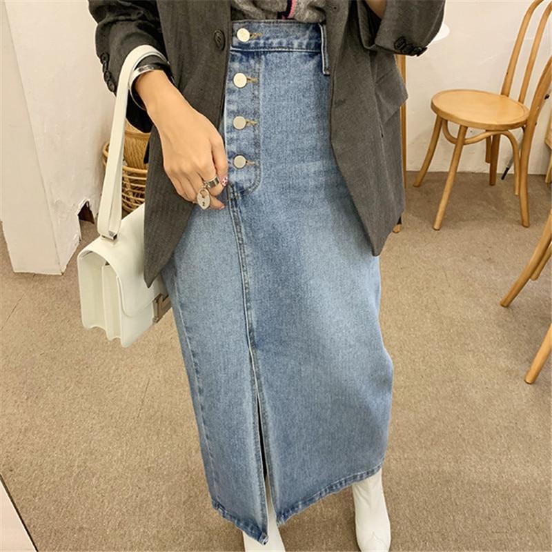 High Waisted Vintage  Split Denim Midi Skirt