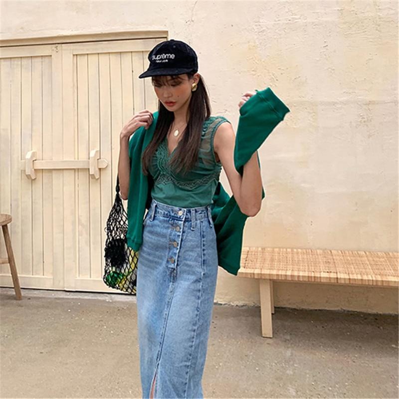 High Waisted Vintage  Split Denim Midi Skirt