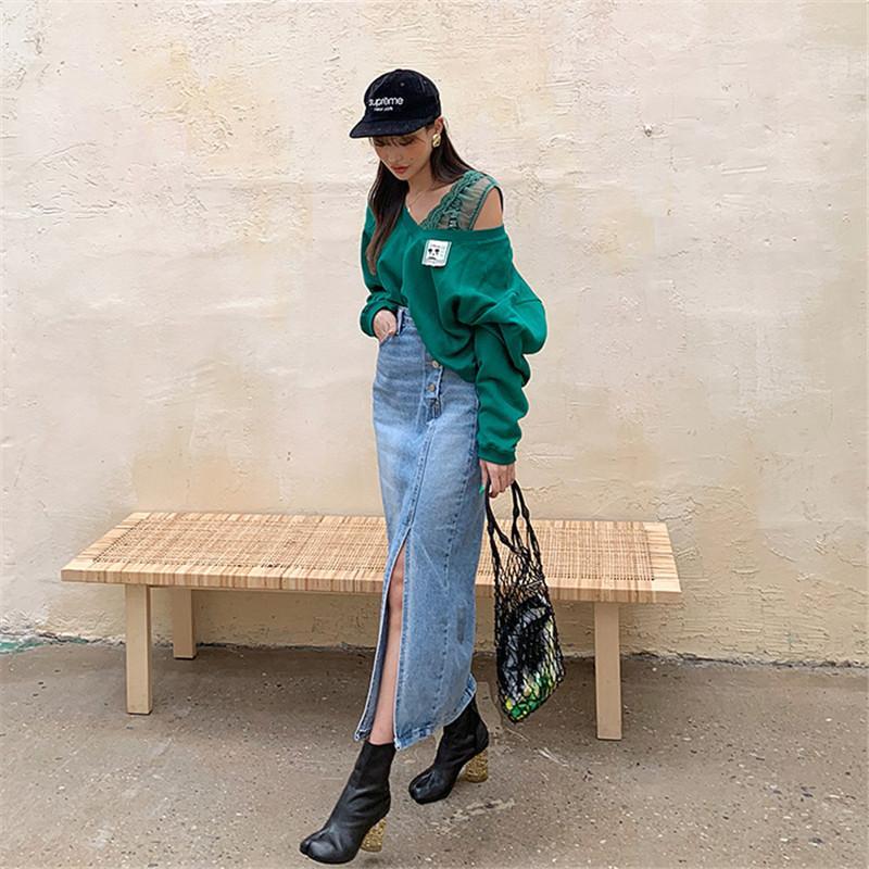 High Waisted Vintage  Split Denim Midi Skirt