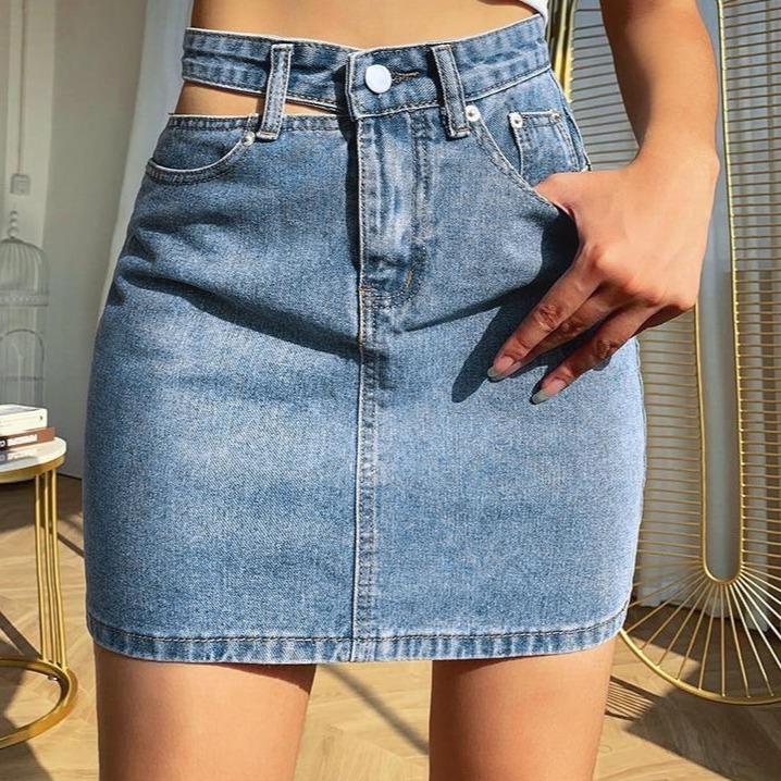 Side Cut High Waisted Denim Skirt