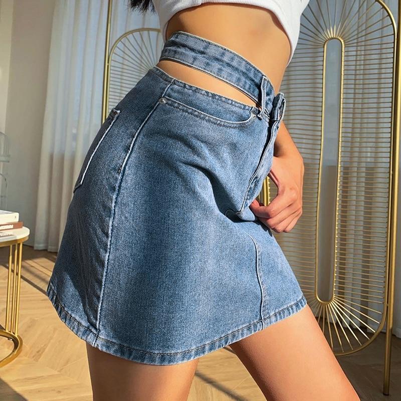 Side Cut High Waisted Denim Skirt