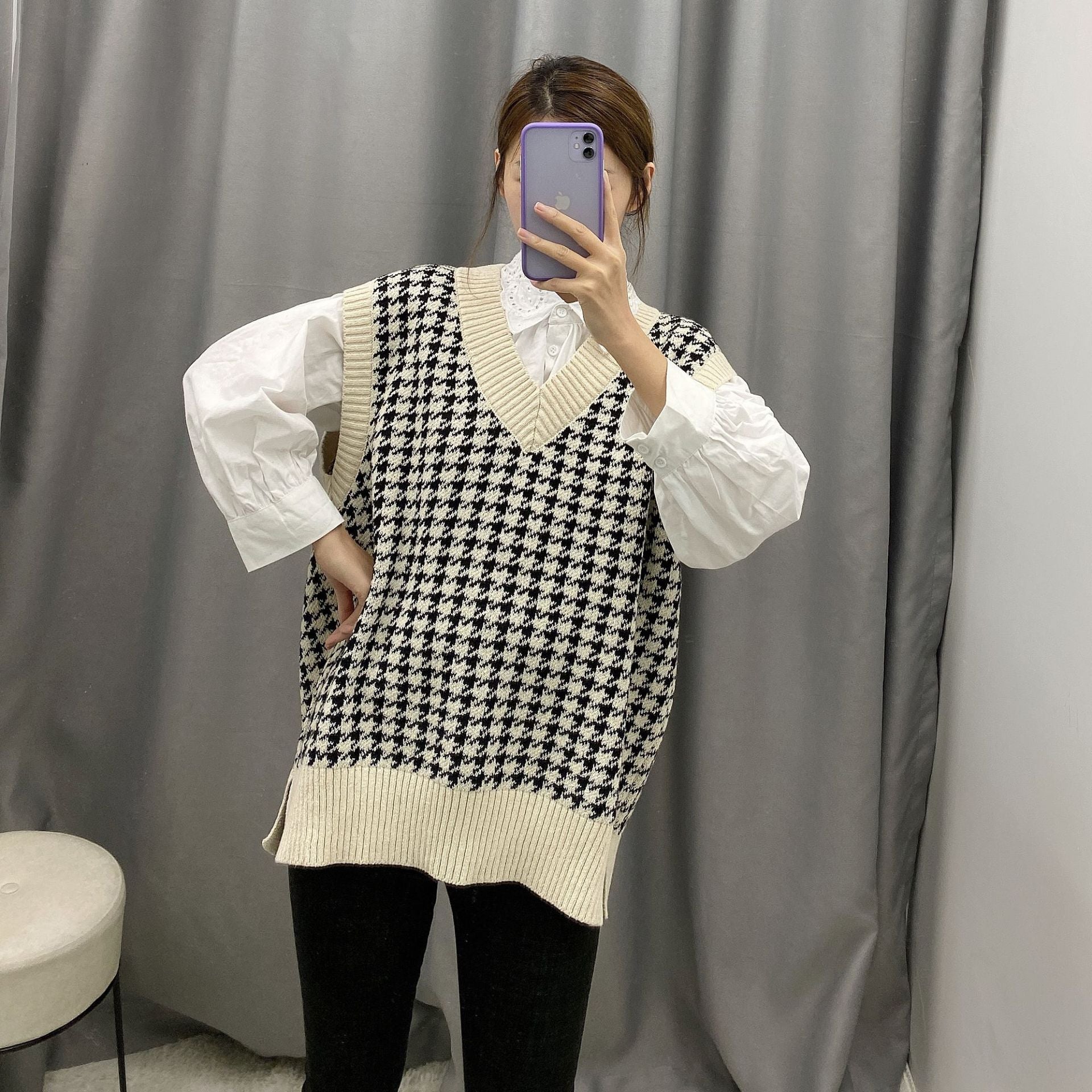 Oversized Knit Hounds Tooth Vest