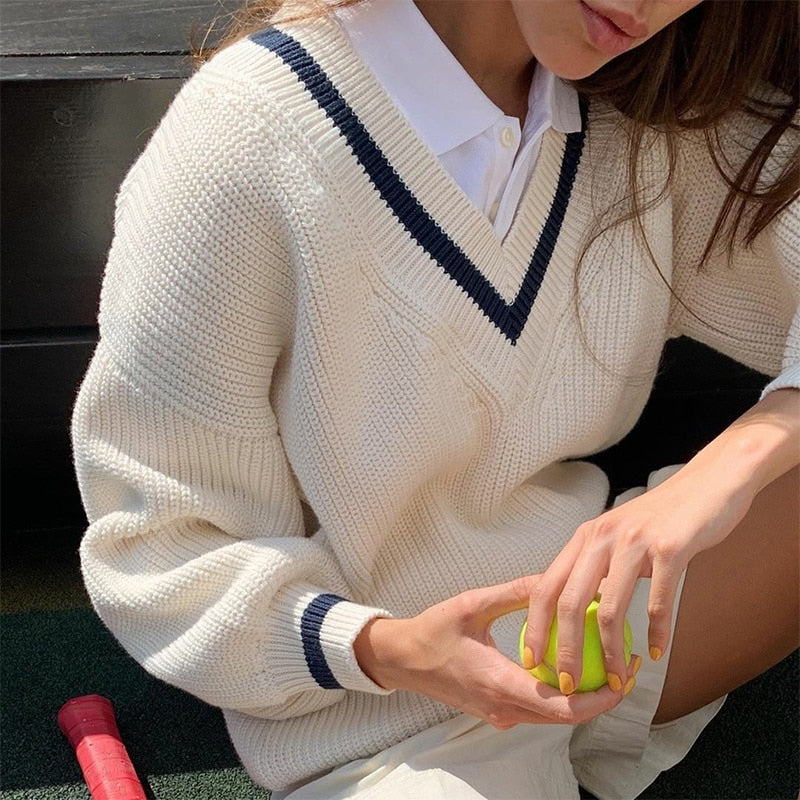 V Neck Preppy Cream Sweater