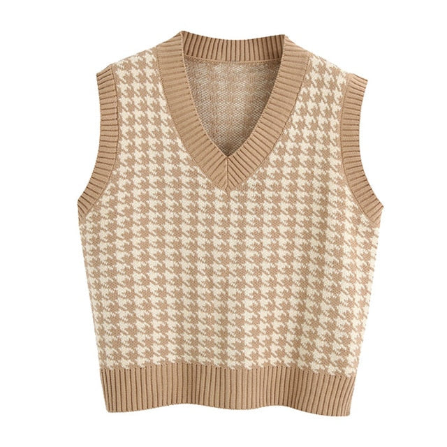 Oversized Knit Hounds Tooth Vest