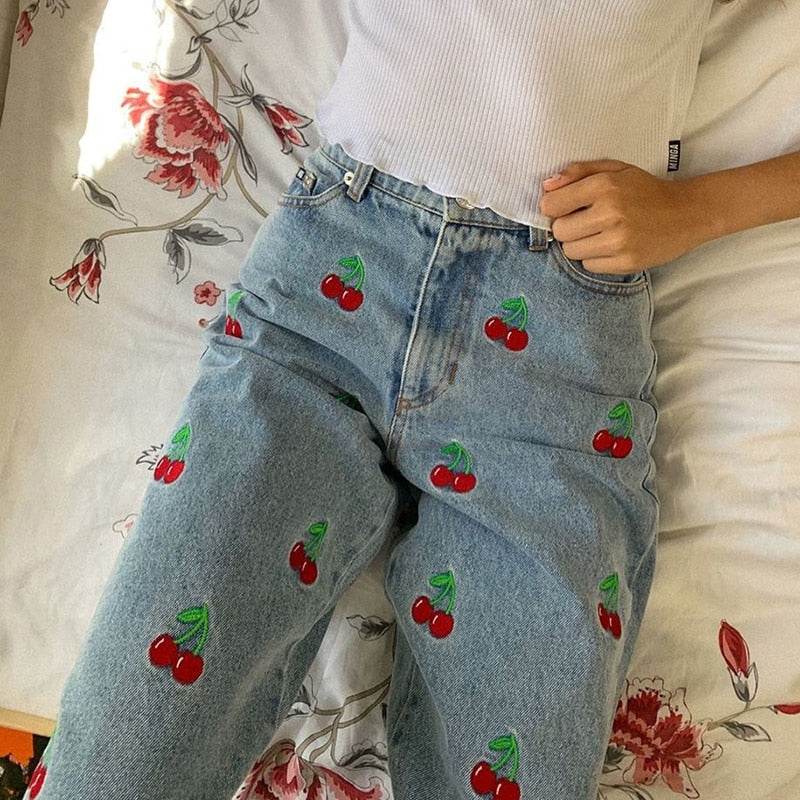 Cherry Embroidered Jeans