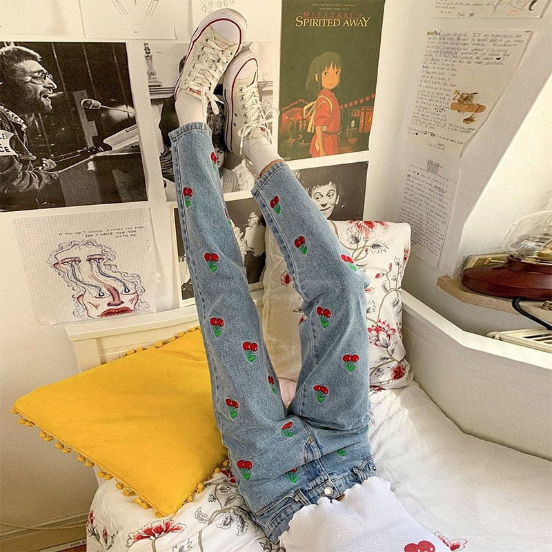 Cherry Embroidered Jeans