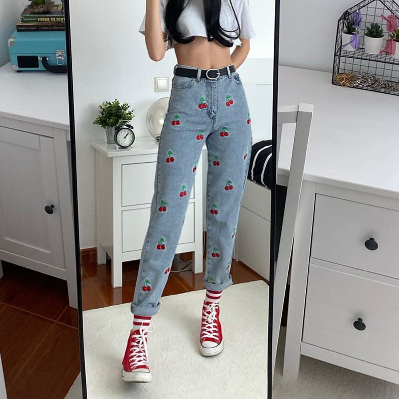Cherry Embroidered Jeans