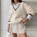 V Neck Preppy Cream Sweater